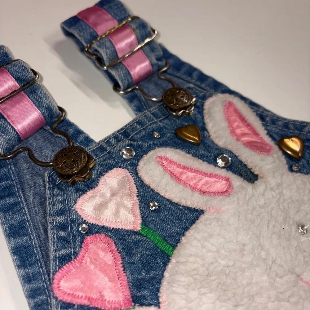 Vintage Osh Kosh Bgosh Custom Denim Bunny Overalls Hearts Rhinestones Blue Pink